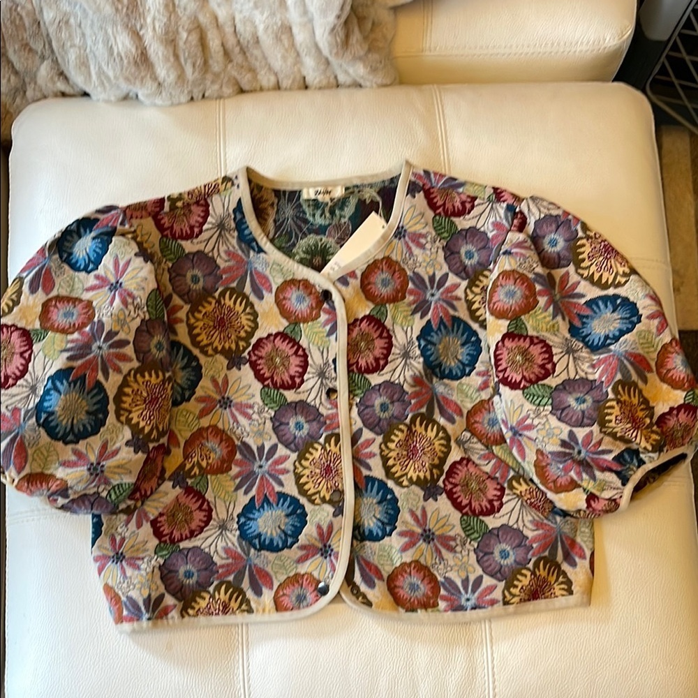Blue Velvet Floral Crop Puff Sleeve Jacket - Picture 2 of 9